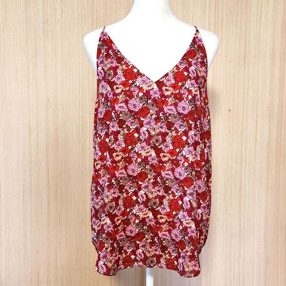 Loft Sleeveless Camisole Red Pink Floral Chiffon V-Neck Tank Women's Size Small - Picture 1 of 9